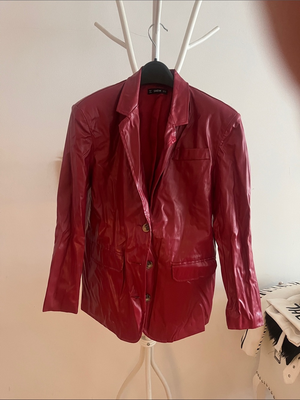 SHEIN Red Faux Leather Blazer Jacket